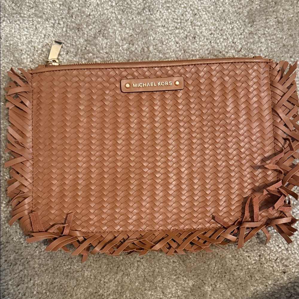 Michael Kors Tan Woven Fringe Leather Clutch
